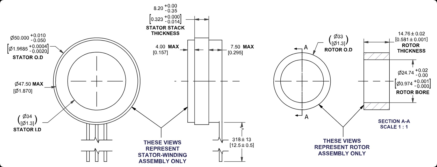 50mm Frameless BLDC Torque Motors Dimensions - HOLRY Размеры безрамных моментных двигателей BLDC 50 мм - HOLRY